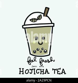 Fühlen Sie frischen Geruch mit Hojicha Tee (Backofen gerösteten japanischen grünen Tee) Cartoon Vektor Illustration Stock Vektor