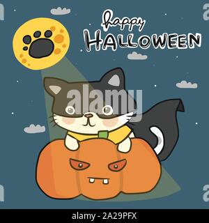 Happy Halloween cat in schwarze Maske mit Kürbis und Vollmond cartoon Vektor doodle Abbildung Stock Vektor