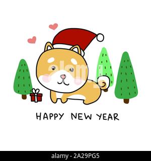 Happy New Year Shina Inu Hund tragen santa hat Cartoon Vektor Illustration, Doodle-Stil Stock Vektor