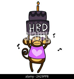 Monkey Mädchen mit großen Geburtstag Kuchen Cartoon Vektor Illustration Doodle Stil Stock Vektor