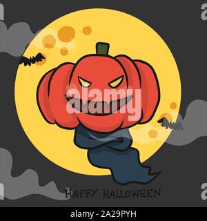 Monster Kürbis Kopf Happy Halloween mit Vollmond cartoon doodle Vector Illustration Stock Vektor