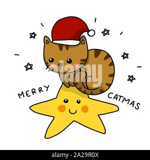 Frohe Catmas süße Katze Tragen santa hut Standortwahl auf Star cartoon Vektor-illustration doodle Stil Stock Vektor