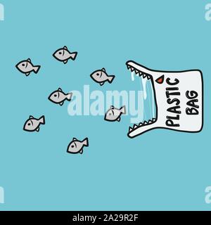 Plastikbeutel Monster versuchen Fische cartoon Vector Illustration zu essen, Umwelt Konzept Stock Vektor