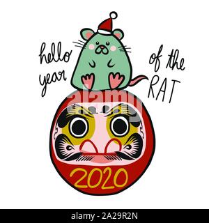 Hallo Jahr der Ratte, Daruma Puppe (Japanische Glücksbringer) und Ratte Freund cartoon Vector Illustration Stock Vektor