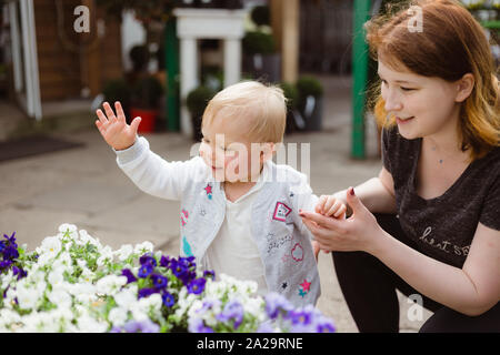 Ein Jahr alten Erkundung Flower Shop mit ihrer Mutter. Anfassen und Riechen bunte Stiefmütterchen. Stockfoto