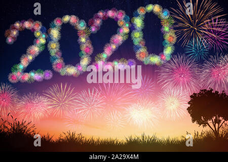 Frohes neues Jahr 2020 Konzepte mit Feuerwerk im Hintergrund Stockfoto
