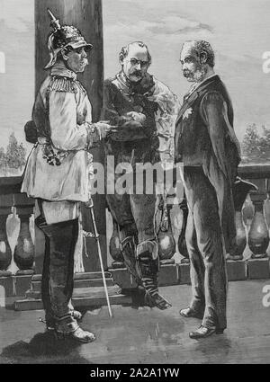 Polonia. Conferencia imperial en Sosnowiec (varsovia). La Tarde del 16 de Septiembre de 1884, Los emperadores Alejandro III (rusia), Francisco José (Österreich), Guillermo I (Alemania) y sus respectivos ministros, Otto von Bismarck (Alemán), Nicholas Giers (ruso) y Gustave Kalnoky (austríaco) se reunieron en El Palacio de Tarnow, propiedad del Zar. Mantuvieron conversaciones sobre Relaciones y políticas mútuas relacionadas con la independencia polaca. Los cancilleres Bismarck, de Giers y de Kalnoky. Grabado. La Ilustración Española y Americana, 8 de Mayo de 1884. Stockfoto