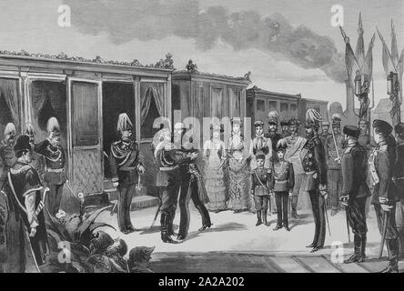 Polonia. Conferencia imperial en Sosnowiec (varsovia). La Tarde del 16 de Septiembre de 1884, Los emperadores Alejandro III (rusia), Francisco José (Österreich), Guillermo I (Alemania) y sus respectivos ministros, Otto von Bismark (Alemán), Nicholas Giers (ruso) y Gustave Kalnoky (austríaco) se reunieron en El Palacio de Tarnow, propiedad del Zar. Allí mantuvieron conversaciones sobre Relaciones y políticas mútuas relacionadas con la independencia polaca. Llegada del Emperador de Alemania a la Estación, siendo recibidos por el Emperador y La Familia imperial de Rusia. Grabado. La Ilustra Stockfoto
