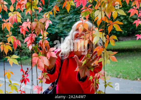 Frau und Blätter im Herbst, VanDusen Botanical Garden, Vancouver, British Columbia, Kanada. Stockfoto