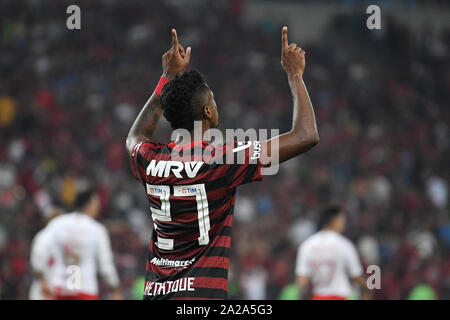 Rio de Janeiro, Brasilien, 25. September 2019. Flamengo soccer player Bruno Henriquel feiert sein Ziel während der flamengo x Internacional übereinstimmen. Stockfoto