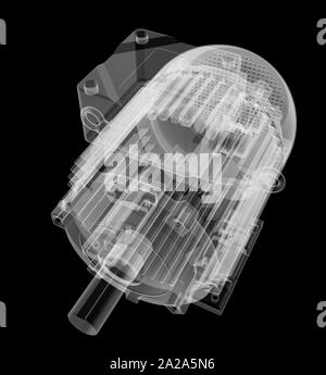 Elektromotor X-Ray-Stil. Auf schwarzem Hintergrund isoliert. 3D-Darstellung Stockfoto