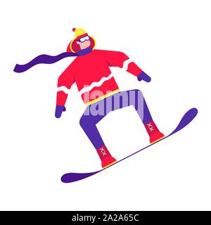 Männliche Person springt auf dem Snowboard Flat Style Design Charakter reiten auf dem Schnee. Wintersport Vector Illustration auf weißen backgr isoliert Stock Vektor