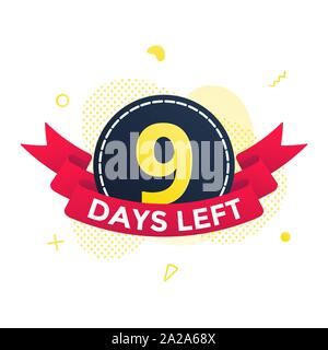 Neun Tage links Verkauf countdown ribbon Namensschild-symbol Schild mit rotem Band, Nummer zehn, abstrakte Elemente hinter auf weißem Hintergrund. Stock Vektor