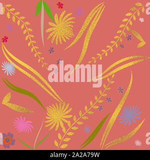 Hand floral Hintergrund gezeichnet. Goldene Metallfolie Oberfläche. Floral Vorlage für Karten, Hintergrund, Einladung, Dekorationen & Grüße. Feder Thema Karte. Stockfoto