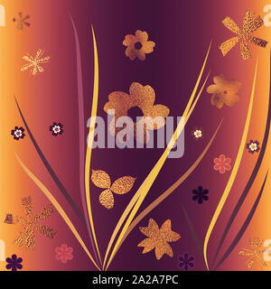 Hand floral Hintergrund gezeichnet. Goldene Metallfolie Oberfläche. Floral Vorlage für Karten, Hintergrund, Einladung, Dekorationen & Grüße. Feder Thema Karte. Stockfoto