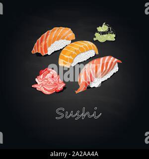Nigiri Sushi Abbildung auf dunklem Hintergrund isoliert. Stock Vektor