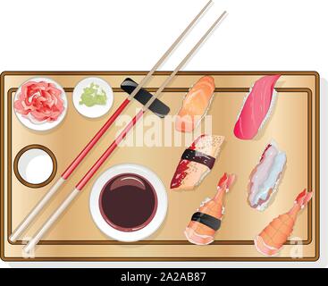 Nigiri Sush seti Abbildung isoliert. Ansicht von oben. Stock Vektor