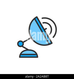 Vektor Satellitenschüssel, wireless Radar, TV Antenne flach Farbe Symbol Leitung. Stock Vektor