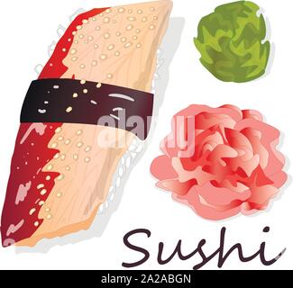 Sushi set auf Weiß isoliert. Ansicht von oben. Stock Vektor