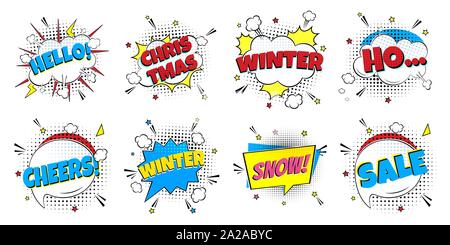 8 Comic Winter Schriftzug in den Sprechblasen Comic-stil flache Bauform. Dynamische Pop Art Vector Illustration isoliert auf weißem Hintergrund. Ausrufezeichen Stock Vektor