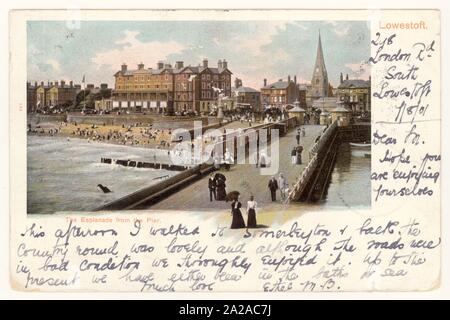 Viktorianische Postkarte von der Esplanade aus Pier, Lowestoft, Suffolk, vom 8. August 1901, veröffentlicht in Deutschland, ungeteilte zurück, Großbritannien Stockfoto