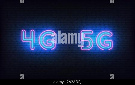 5G, 4G-Netzwerk Neon. Leuchtende Zeichen der Wlan 5g, 4g-Verbindung Stock Vektor