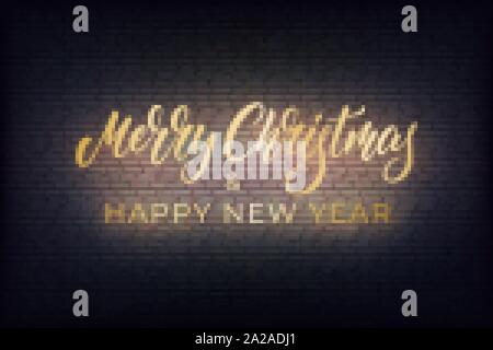 Frohe Weihnachten und guten Rutsch ins Neue Jahr anmelden. Weihnachten und Neujahr leuchtende neon Gold glänzendes Design Stock Vektor