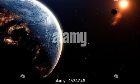 Sonnenaufgang im Raum über der Erde mit einer lebendigen Sun Stockfoto