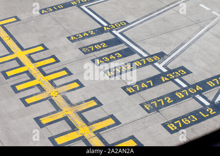 Abstrakter Schuss der Schürze/Rollbahnmarkierungen am Manchester International Airport. Auflisten der Namen verschiedener Flugzeugtypen, die hier parken können. Stockfoto