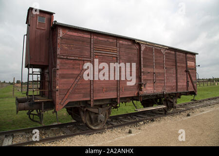 Ein Wagen für Deportationen verwendet nach Auschwitz-Birkenau, ehemaligen deutschen nationalsozialistischen Konzentrations- und Vernichtungslager, Oswiecim, Polen. Stockfoto