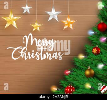 Weihnachten vector Hintergrund Vorlage. Frohe Weihnachten Text im leeren Raum für Meldung und Weihnachtsbaum mit bunten Lichter, Kugeln und hängenden Sterne. Stock Vektor
