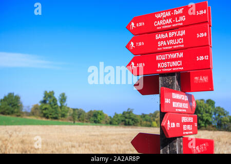 Holz- anschluss Zeiger auf dem Wanderweg. Schilder auf dem Berg Rajac, Serbien. Schöne Natur Landschaft im Hintergrund. Stockfoto