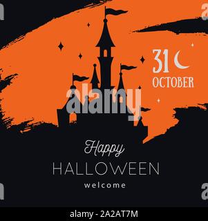 Vector Halloween Party Einladungen oder Verkauf Poster, Banner. Festliche Herbst Hintergrund mit Schloss Silhouette Stock Vektor
