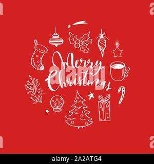 Satz von Weihnachten Design doodle Elemente mit Frohe Weihnachten und Neues Jahr Schriftzug Stock Vektor