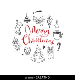 Satz von Weihnachten Design doodle Elemente mit Frohe Weihnachten und Neues Jahr Schriftzug Stock Vektor
