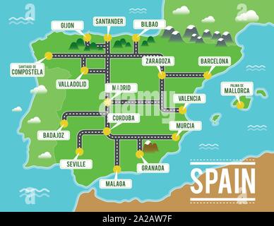 Cartoon Vektorkarte von Spanien. Reisen Abbildung mit spanischen wichtigsten Städten. Stock Vektor