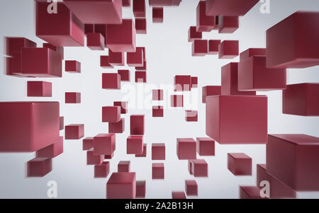 Rot fliegenden Würfel und Kartons, vor weißem Hintergrund abstract 3 render Abbildung Stockfoto