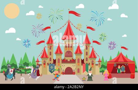 Mittelalterliche Burg mit Zeichen (König, Prinzessin, Zauberer, Ritter und Jester) und Feuerwerk. Vector Illustration. Stock Vektor
