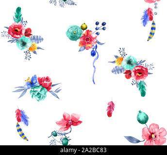 Nahtlose Blumen Design mit Federn auf weißen Hintergrund für Textildruck. Stockfoto