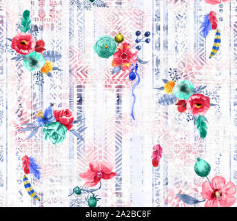 Nahtlose Blumen Design mit Federn und ethnischen Hintergrund für Textildruck. Stockfoto