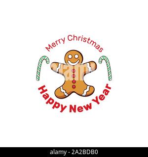 Frohes Neues Jahr emblem Vorlage. Cute gingerbread man mit Candy Sticks und Weihnachtsgrüße Komposition. Weihnachten herzlichen Glückwunsch. Winter Urlaub wünscht, Poster, Grußkarten-Design Stock Vektor