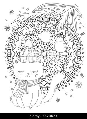 Weihnachten Färbung Seite. Nach Malbuch. Süße Katze mit Schal und Mütze gestrickt. Hand Vector Illustration gezeichnet. Stock Vektor