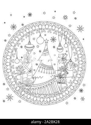 Weihnachten Färbung Seite. Nach Malbuch. Weihnachtsbaum, Dekoration, Geschenkboxen, Bänder, Bälle und Schneeflocken. Hand Überblick Vector Illustration gezeichnet. Stock Vektor
