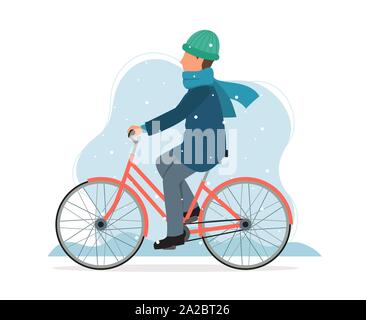 Man Fahrrad fahren im Winter. Cute Vector Illustration im flachen Stil Stock Vektor