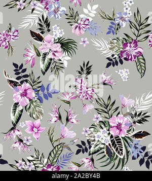 Nahtlose bunten tropischen Blumen für textile; Retro im Hawaiianischen Stil Blumenschmuck, Vintage Style mit grüner Hintergrund. Stockfoto