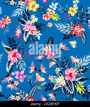 Nahtlose bunten tropischen Blumen für textile; Retro im Hawaiianischen Stil Blumenschmuck, vintage Stil mit blauen Hintergrund. Stockfoto