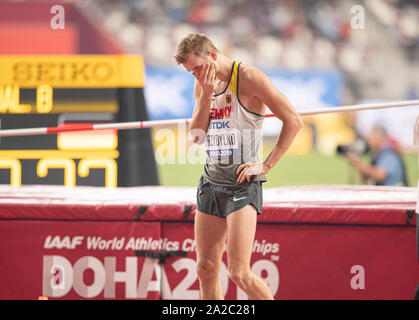 Doha, Katar. 01 Okt, 2019. Mateusz PRZYBYLKO (Deutschland) enttäuscht Hochsprung Qualifikation der Männer am 01.10.2019 Leichtathletik WM 2019 in Doha/Katar, vom 27.09. - 10.10.2019. | Verwendung der weltweiten Kredit: dpa/Alamy leben Nachrichten Stockfoto