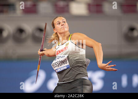 Doha, Katar. 01 Okt, 2019. Christin HUSSONG (Deutschland/Platz 4) handeln. Finale Speerwerfen der Frauen werfen, auf 01.10.2019 Leichtathletik WM 2019 in Doha/Katar, vom 27.09. - 10.10.2019. | Verwendung der weltweiten Kredit: dpa/Alamy leben Nachrichten Stockfoto