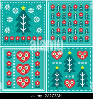 Weihnachten Volkskunst vector Pattern, Design Collection mit Weihnachtsbaum, Blumen, Herzen in rot und türkis grün - Skandinavische Grußkarte Stock Vektor