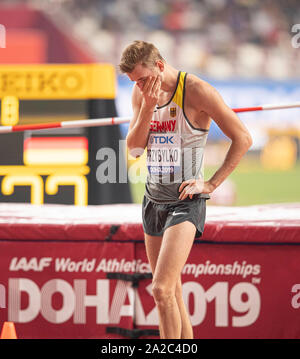 Doha, Katar. 01 Okt, 2019. Mateusz PRZYBYLKO (Deutschland) enttäuscht Hochsprung Qualifikation der Männer am 01.10.2019 Leichtathletik WM 2019 in Doha/Katar, vom 27.09. - 10.10.2019. | Verwendung der weltweiten Kredit: dpa/Alamy leben Nachrichten Stockfoto